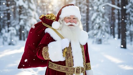Santa Claus carrying a sack of gifts in a snowy forest during winter
