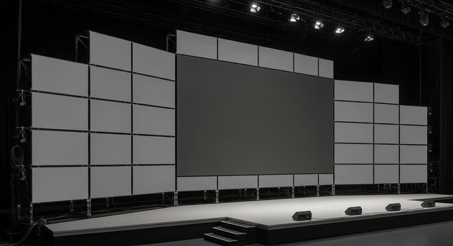 Modern Conference Stage Setup with Video Wall and Panels.