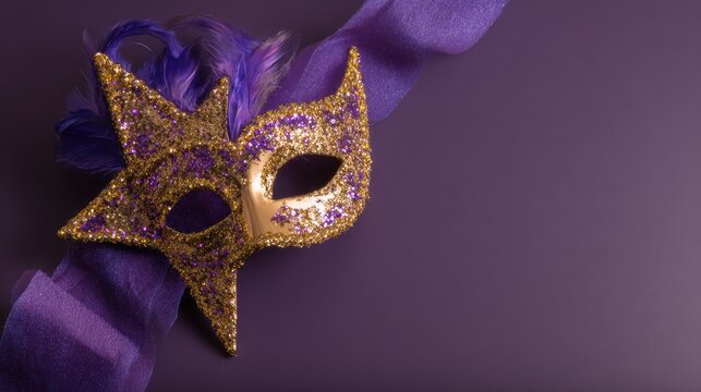 purim. Festive decorative mask with glittering stars on a purple background. event programs, museum guides, designed for cultural heritage projects and event programs, supports education.