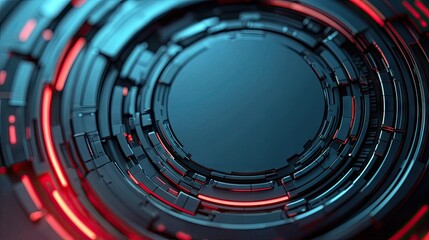 A futuristic tunnel with a circular design, featuring red and blue neon lights, creating a sense of depth and technological advancement.