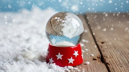 Winters Whisper Snow globe magic on rustic wood with snowflakes falling.