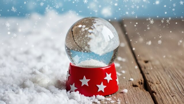 Winters Whisper Snow globe magic on rustic wood with snowflakes falling.