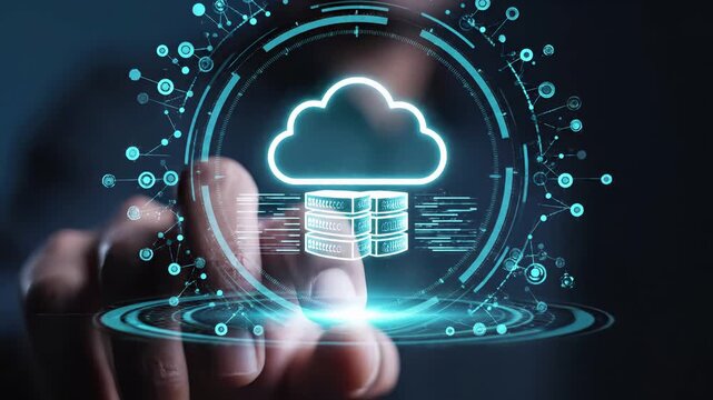 Professional interacting with holographic cloud computing interface featuring database servers and network connections. Digital technology visualization for data storage, information management - Powered by Adobe