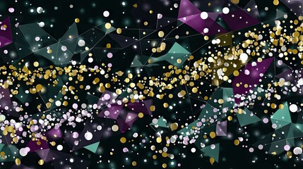An abstract digital illustration featuring geometric shapes, glitter, and lights against a dark background, creating a dynamic and modern design.