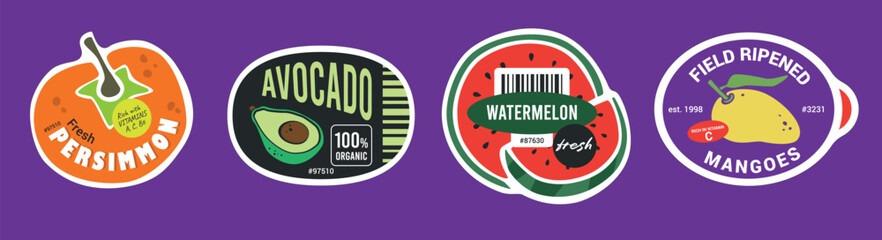Field rippened tropical fruit stickers. Persimmon avocado watermelon and mango