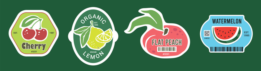 Flat peach brand label. Organic lemon sticker isolated