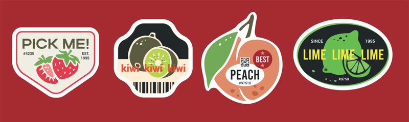 Fresh peach and kiwi sticker set. Lime and strawberry produce labels