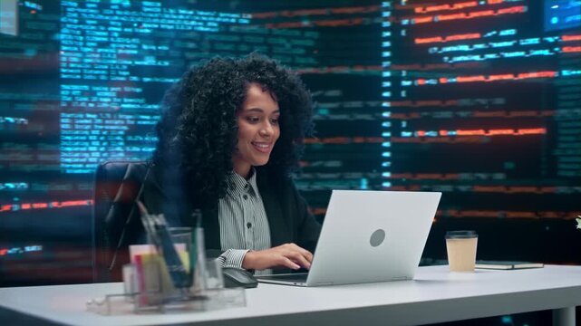Black Female Software Engineer Codes on Laptop. Surrounded by Floating Programming Lines, Data Dashboards, Debugging Applications, Doing Analytics. Cinematic 360‑degree Workspace