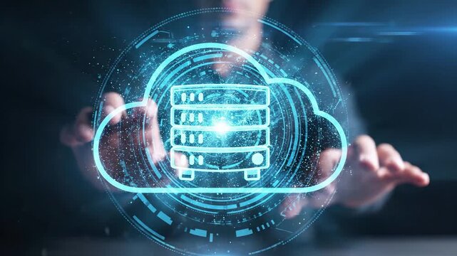 Cloud computing database storage visualization with holographic server and digital network circles. Futuristic technology interface for data management, cybersecurity infrastructure and enterprise it - Powered by Adobe