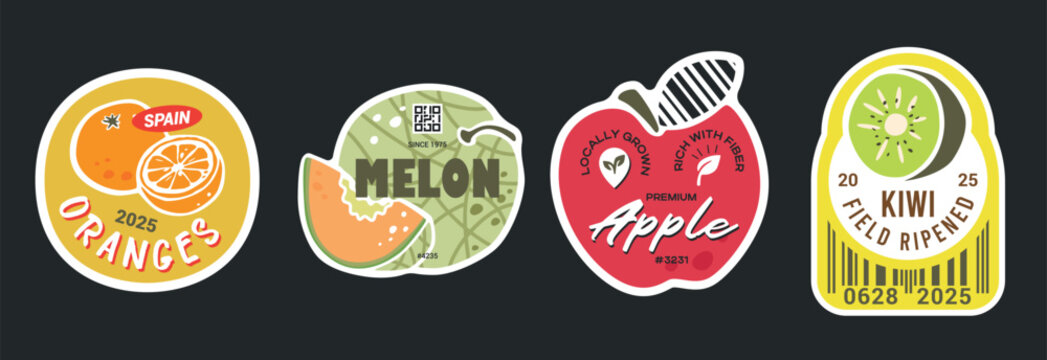 Oranges melon apple and kiwi fruit sticker set. Labels with barcodes