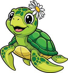 Cute smiling cartoon sea turtle with a white daisy flower on its head.