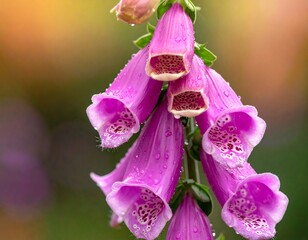 Close-up of a blooming foxglove with pink bell-shaped flowers, speckled inside, some droplets on the blooms