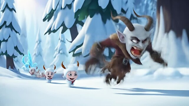 Krampus and cute baby krampuses running through a snowy forest.