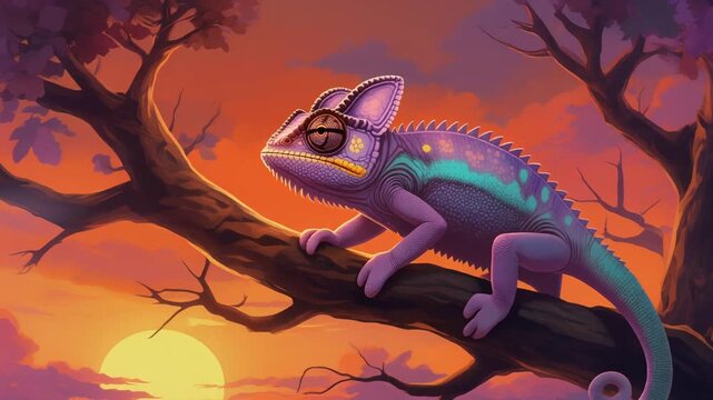 Vibrant Cartoon Chameleon Perched on Tree Branch at Sunset