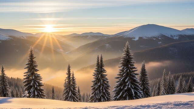 Snowy mountain landscape with evergreen trees at sunrise or sunset