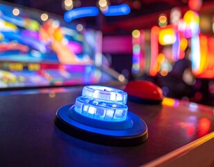 Close-up of a blue, illuminated button on a game console with blurred arcade lights in the background