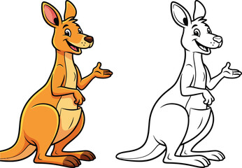 Friendly cartoon kangaroo character standing and gesturing shown in full color and as a black and white line art outline for a coloring book.