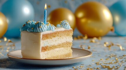 Fototapeta premium Slice of birthday cake with lit blue candle surrounded by gold balloons and festive confetti for joyful birthday celebration