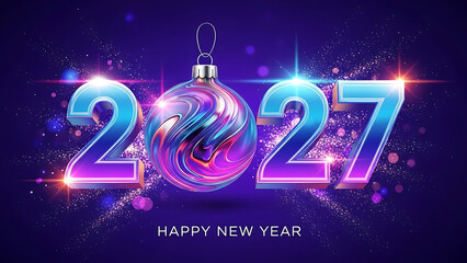 Vibrant 3D render of the year 2027 with a colorful Christmas ornament centerpiece