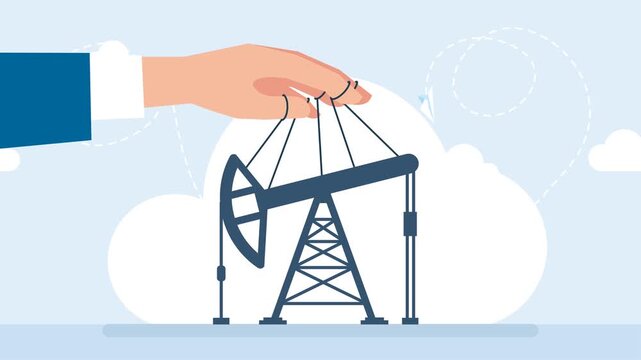 Influence of politics and business on oil production. Man manipulates an oil rig like puppeteer. It didn't work at first, but then it started working, then it stopped working again. 2D flat animation.
