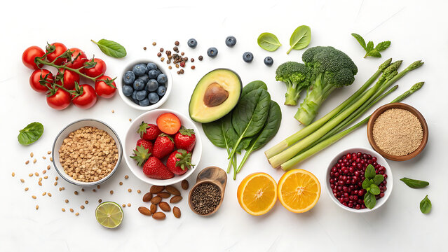 Assortment of healthy green and red food isolated