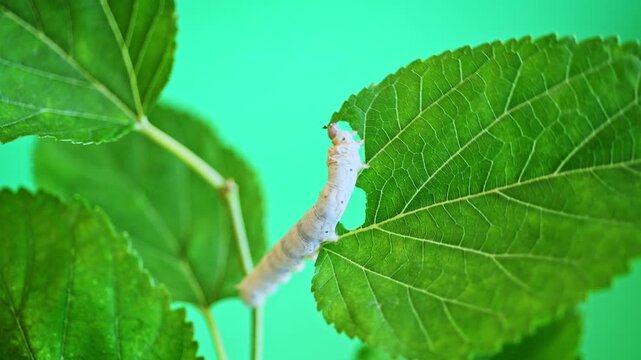 One silkworm eating mulberry leaves