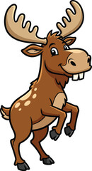 Happy cartoon moose with large antlers and buck teeth rearing up playfully on its hind legs.