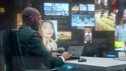 Male Professional in a Suit Works on a Laptop. Watching Social Media, Streaming Content, Playing Video Game and Online Communication, Multimedia Interfaces. 360 Degree Tracking Arc Shot