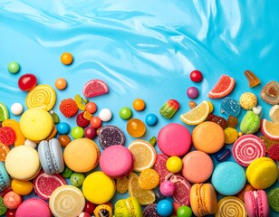 Colorful assortment of macarons and candies scattered on a light blue, swirled surface