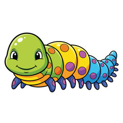 Smiling cartoon caterpillar with a green head and colorful spotted body segments.