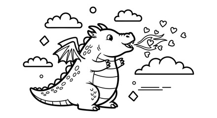 Cute cartoon dragon breathing hearts against a whimsical cloud background, ideal for children's illustrations