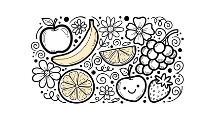 Colorful hand-drawn illustration of fruits and flowers, featuring apples, bananas, and grapes