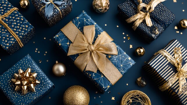 Festive flat lay of multiple gift boxes and seasonal decorations in trendy gold tones on dark blue background for birthday, valentine’s day, new year, christmas, and holiday sale celebrations