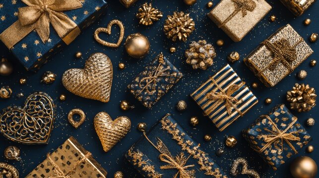 Festive flat lay of multiple gift boxes and seasonal decorations in trendy gold tones on dark blue background for birthday, valentine’s day, new year, christmas, and holiday sale celebrations - Powered by Adobe