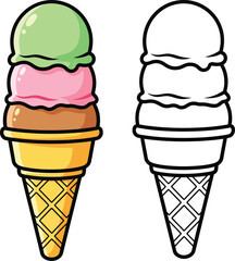 Vibrant cartoon ice cream cone with three scoops of mint strawberry and chocolate alongside a line art version.