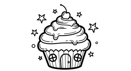 A whimsical cupcake with cherry on top, surrounded by stars, perfect for children's party themes