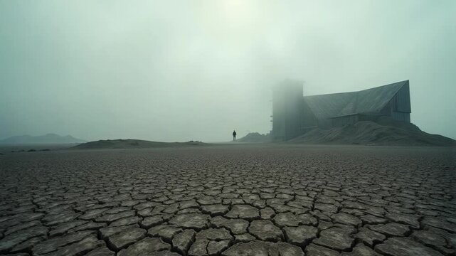 Eerie fog drifting across a desolate landscape toward a futuristic facility, captured from a canted overhead angle in stunning 4k video footage