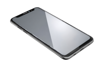 Silver smartphone with reflective screen on black background technology device