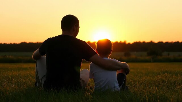 Father and son enjoy sunset together in peaceful field. Cherished moments strengthen bond and create lasting memories. Beautiful natural scenery enhances connection.