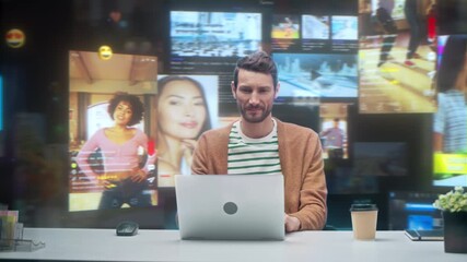 Digital Enthusiast Relaxes at a Laptop in an Immersive 360‑degree Media Hub, Browsing Internet Content, Watching Streams, Playing Video Games, and Scrolling Social Media Feeds While Sipping Coffee - Powered by Adobe