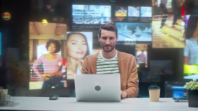 Digital Enthusiast Relaxes at a Laptop in an Immersive 360‑degree Media Hub, Browsing Internet Content, Watching Streams, Playing Video Games, and Scrolling Social Media Feeds While Sipping Coffee