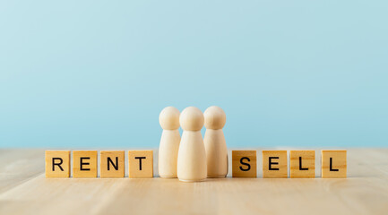 Wooden blocks and mini house, Rent or rent home concept. Real estate