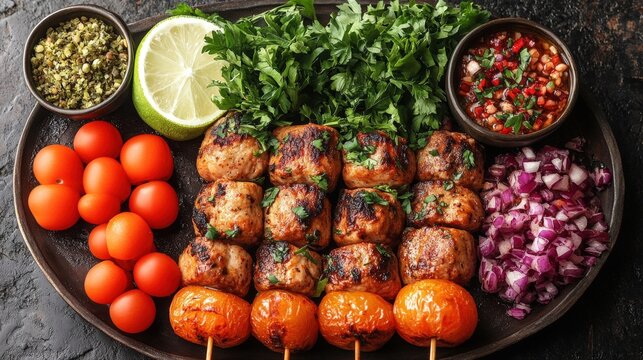 A vibrant platter showcases grilled meatballs artfully arranged with colorful fresh vegetables and a selection of enticing sauces, presented on a weathered wooden board for a rustic appeal.