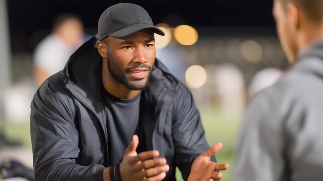 A coach providing tactical advice and motivation during a training break, symbolizing leadership, strategy, and the psychological side of athletic success. cinematic color correction, natural