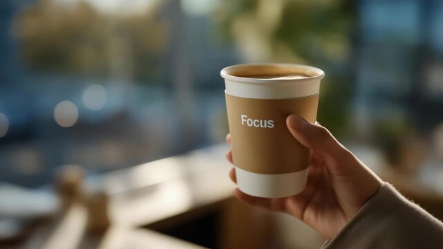 A hand gently holding a coffee cup with the word “Focus” printed in bold typography, surrounded by morning sunlight streaming through an office window — concept of motivation, productivity,