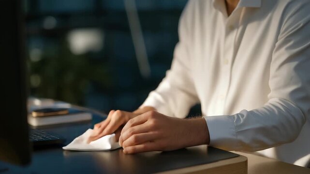 A hand carefully cleaning eyeglasses with a microfiber cloth on a tidy desk — vision wellness, daily self-care routine, optical health, and clean minimal aesthetic. cinematic color correction,