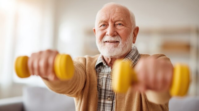 Portrait of senior man exercising with dumbbells at home - Powered by Adobe