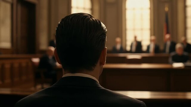 Cinematic Courtroom Footage Man Facing Judges Dramatic Lighting