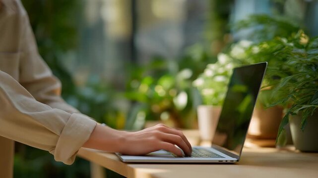 A hand placing a laptop onto a coworking desk setup with plants and natural light &mdash; remote work culture, creative freelance lifestyle, digital nomad productivity, and modern business environment.