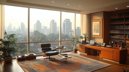 Fototapeta premium A bright and airy modern office space featuring expansive windows offering a stunning panoramic view of a bustling cityscape. The design emphasizes natural light and a contemporary aesthetic.